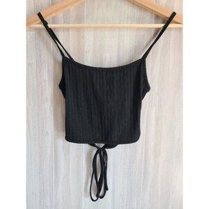 Shein Black Ribbed Crop Tank Petite XXS Tie Front Ruffle Detail Sleeveless Top